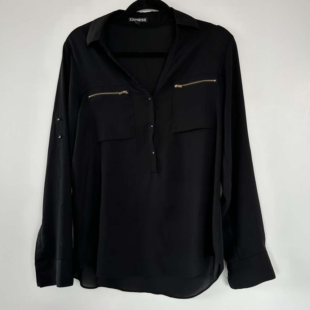Black chiffon top with gold zipper/buttons